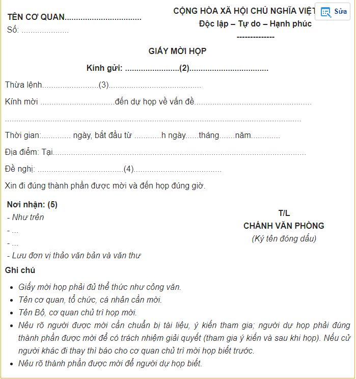 mẫu giấy mời họp form 2